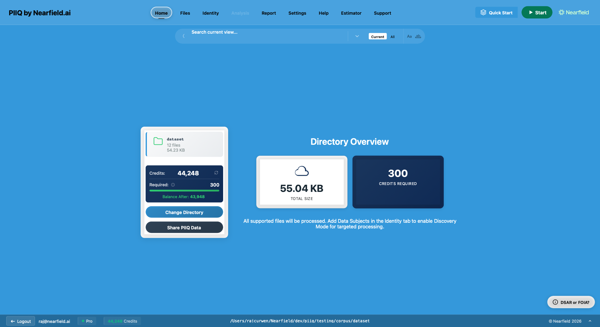 The Home tab with the directory overview and Start button