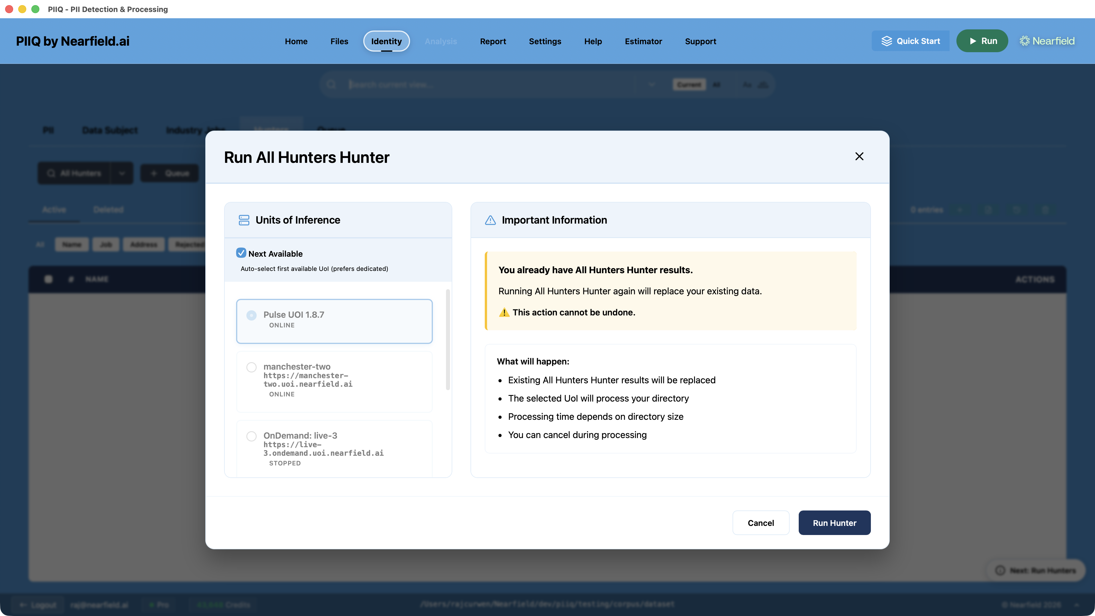 The Run Hunters dialog showing the Units of Inference list