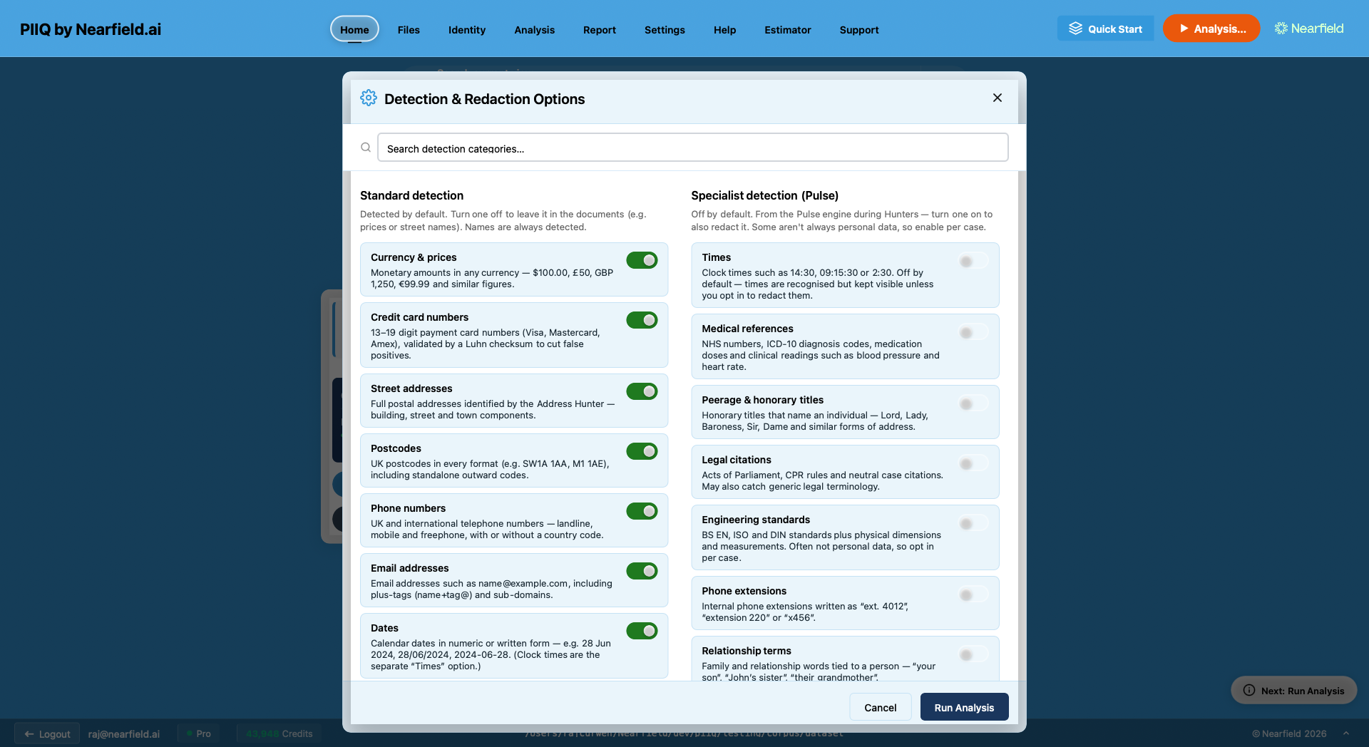 The Detection and Redaction Options dialog