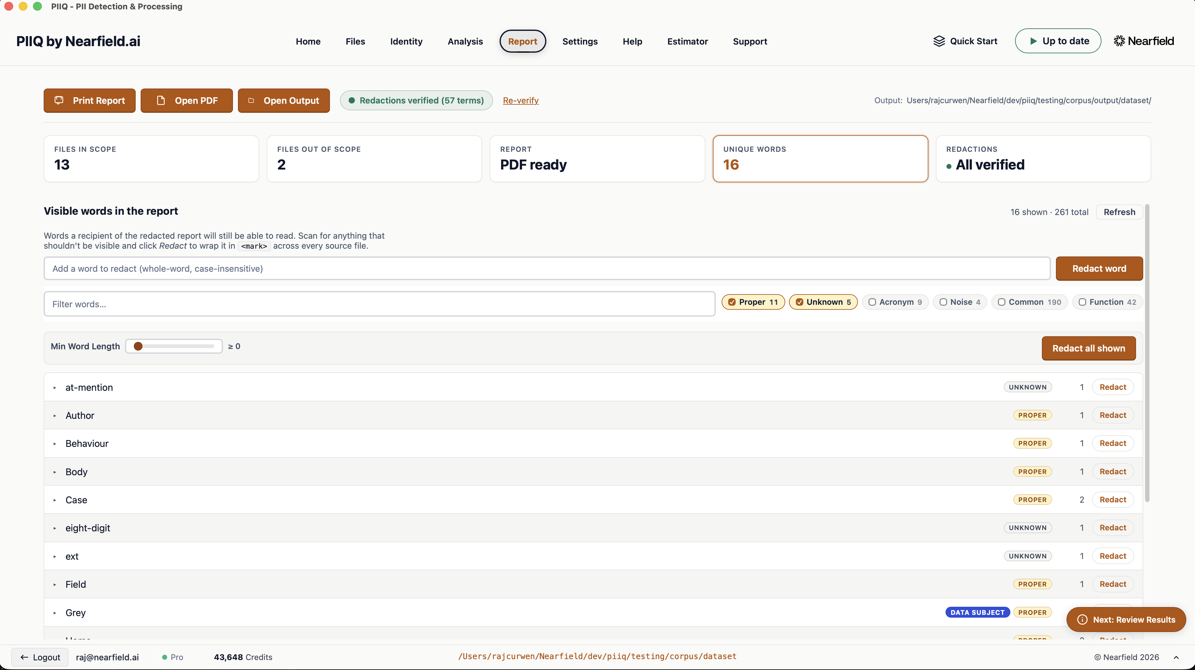 The Report screen with a data subject flagged in the still-visible list